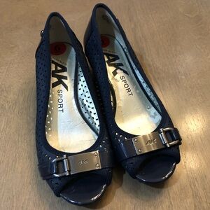Ann Klein AK Sport Navy Blue Low Slip On Sandal Wedge Heels